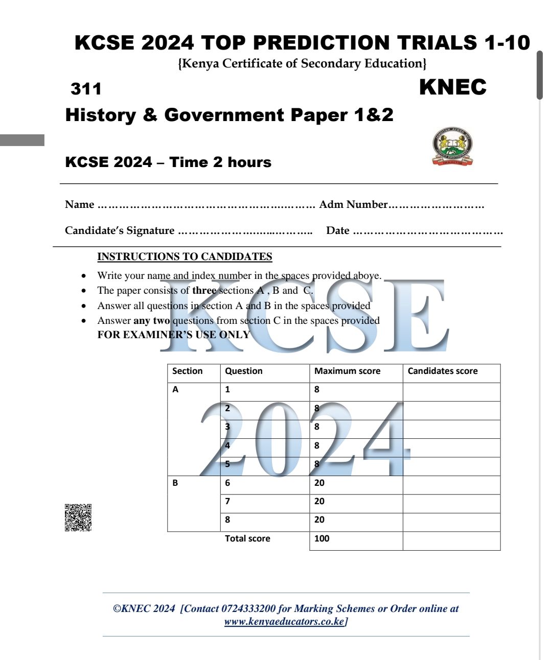 KCSE 2024 HIST PP1& PP2 TOP PREDICTIONS MASTER TRIALS 110 {QNS & MS